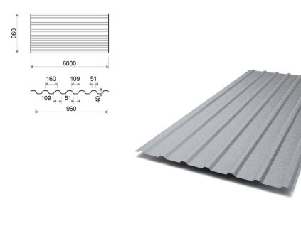 Trapézový plech TR40/160 ZM Evolution, tloušťka 0,60 mm, šířka 960 mm, délka 6 m