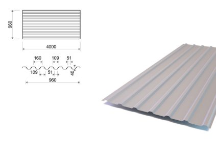 Trapézový plech TR40/160 ZM Evolution, tloušťka 0,60 mm, šířka 960 mm, délka 4 m