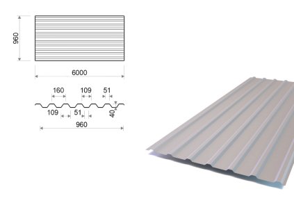 Trapézový plech TR40/160 AlZn, tloušťka 0,63 mm, šířka 960 mm, délka 6 m