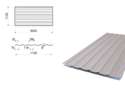 Trapézový plech TR18/188 AlZn, tloušťka 0,63 mm, šířka 1128 mm, délka 6 m