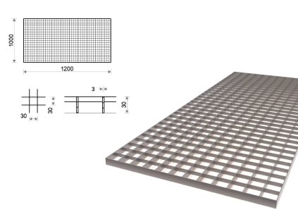 Pozinkovaný rošt lisovaný 1000x1200 mm, oko 30x30 mm, tlustší nosná páska 30x3 mm