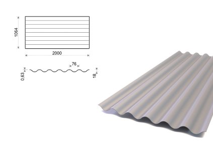 Vlnitý plech V18/76 AlZn, tloušťka 0,63 mm, šířka 1064 mm, délka 2 m