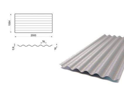 Vlnitý plech V18/76 Zm, tloušťka 0,60 mm, šířka 1064 mm, délka 2 m
