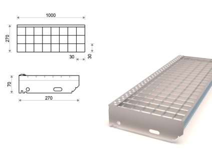 Pozinkovaný schodišťový stupeň protiskluzový 1000x270 mm, oko 30x30 mm