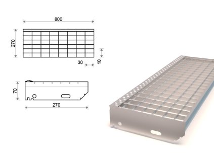 Pozinkovaný schodišťový stupeň lisovaný 800x270 mm, oko 30x10 mm