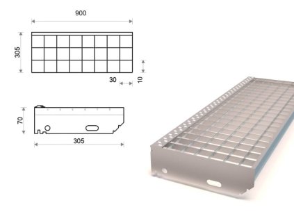 Pozinkovaný schodišťový stupeň lisovaný 900x305 mm, oko 30x10 mm